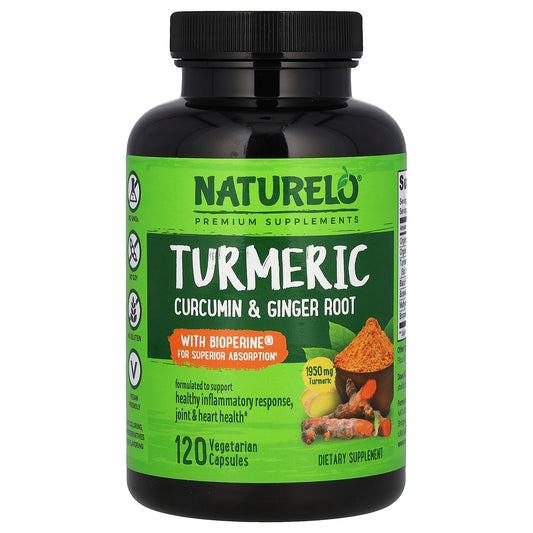 NATURELO, Turmeric Curcumin & Ginger Root With Bioperine®, 120 Vegetarian Capsules