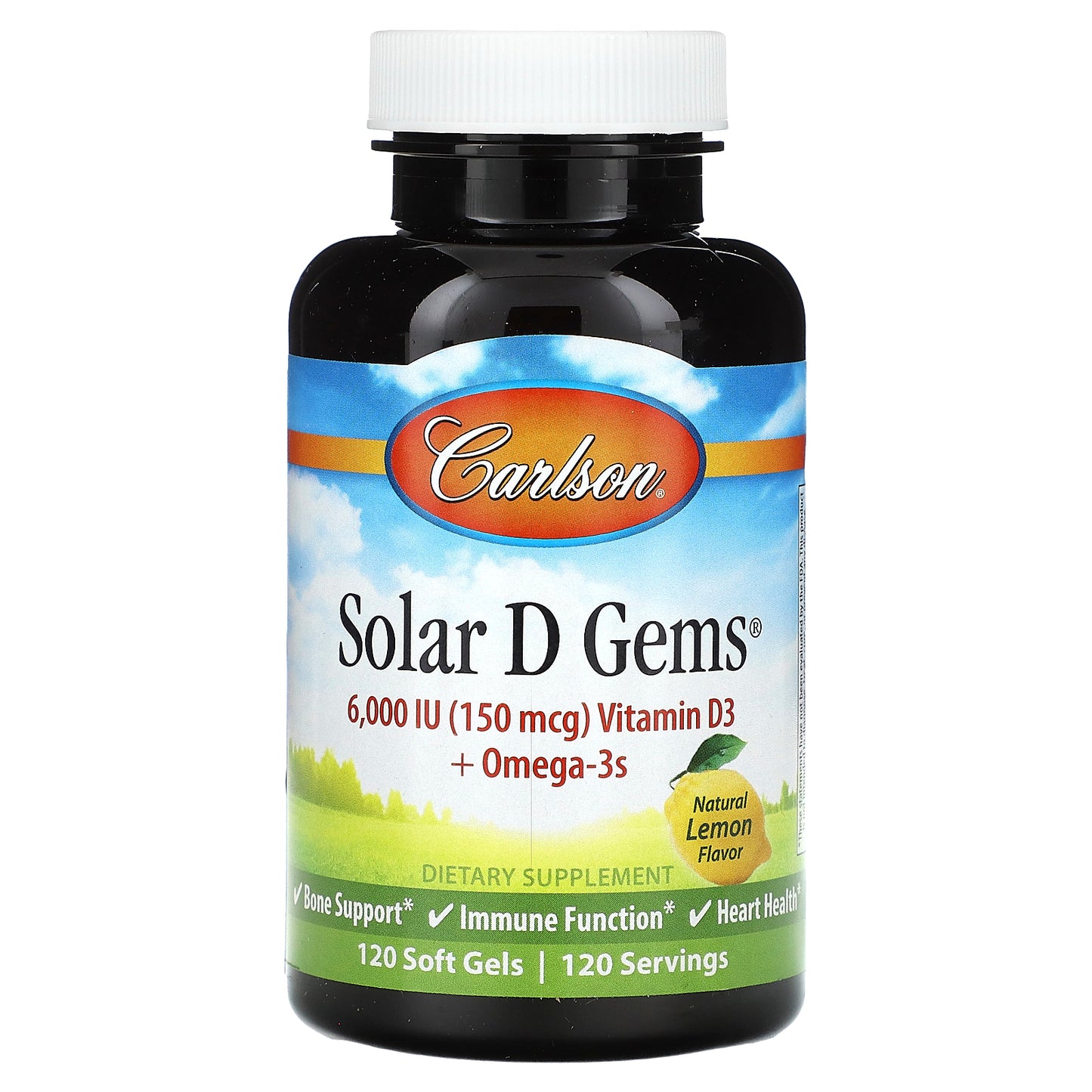 Carlson, Solar D Gems® , Vitamin D3 + Omega-3s, Natural Lemon, 120 Soft Gels