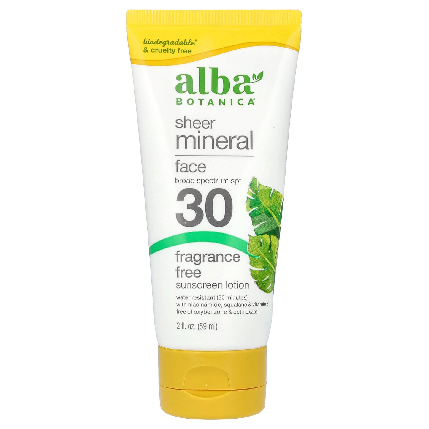 Alba Botanica, Sheer Mineral Face Sunscreen Lotion, SPF 30, Fragrance Free, 2 fl oz (59 ml)