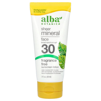 Alba Botanica, Sheer Mineral Face Sunscreen Lotion, SPF 30, Fragrance Free, 2 fl oz (59 ml)