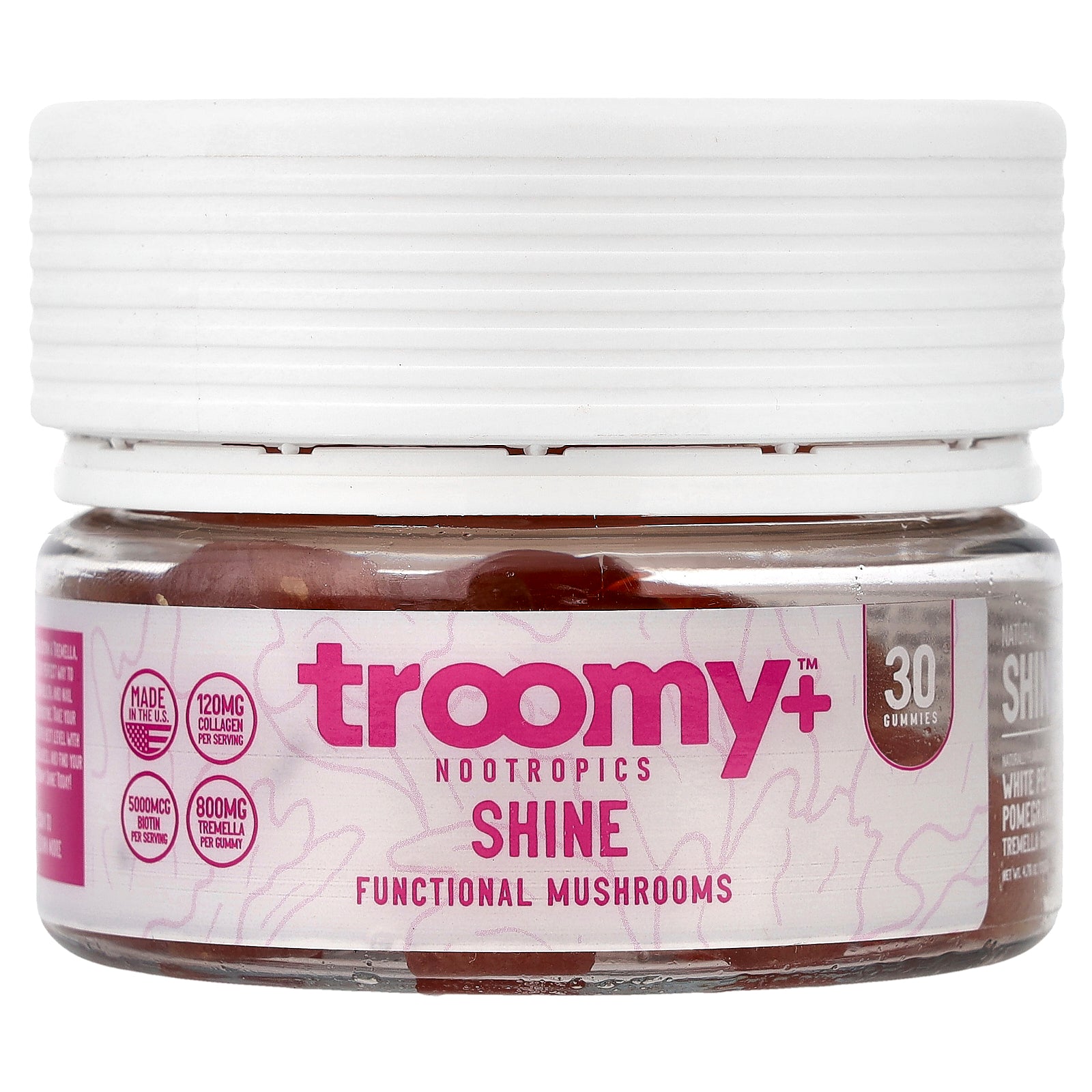 Troomy Nootropics, Shine, Functional Mushrooms Gummies, White Peach Pomegranate, 30 Gummies