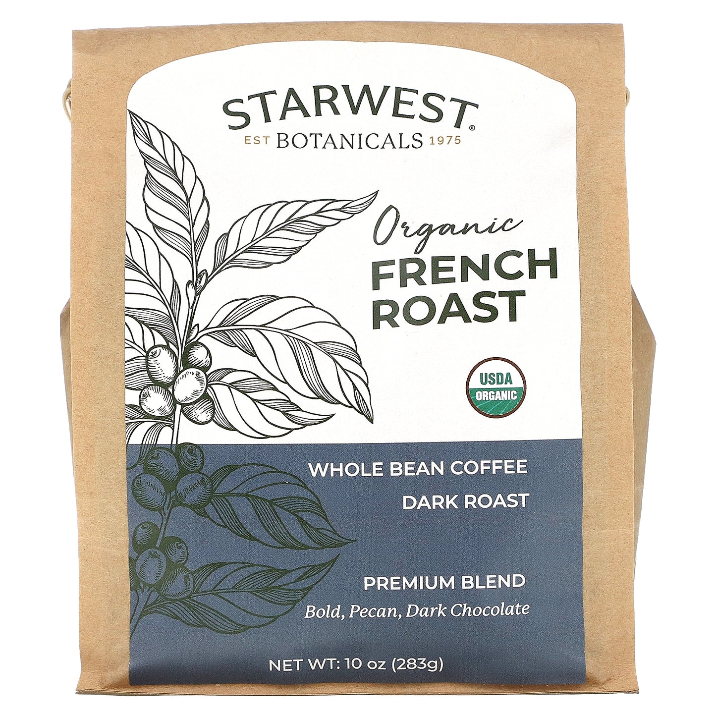 Starwest Botanicals, Organic French Roast Coffee, Premium Blend, Whole Bean, Dark Roast, 10 oz (283 g)