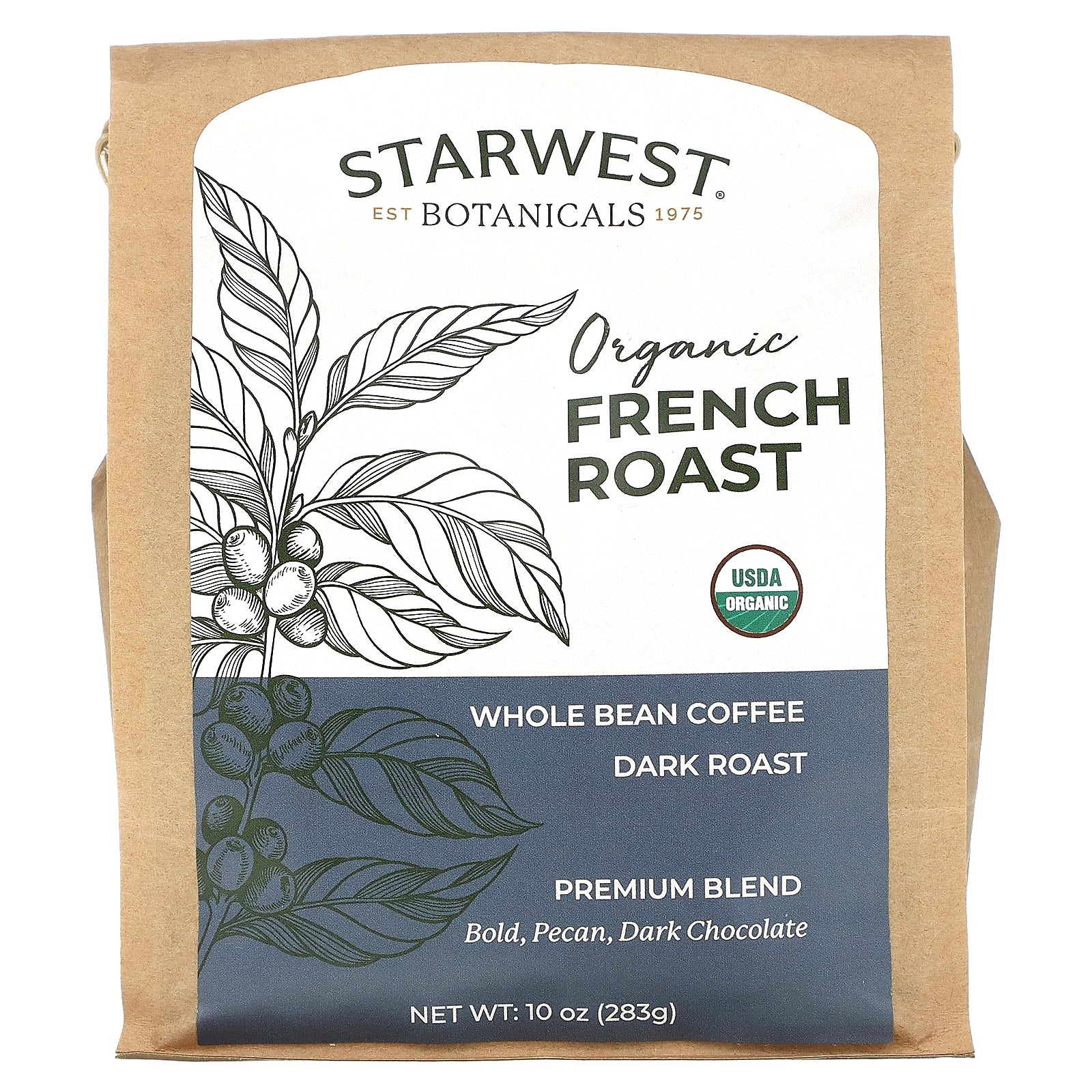 Starwest Botanicals, Organic French Roast Coffee, Premium Blend, Whole Bean, Dark Roast, 10 oz (283 g)