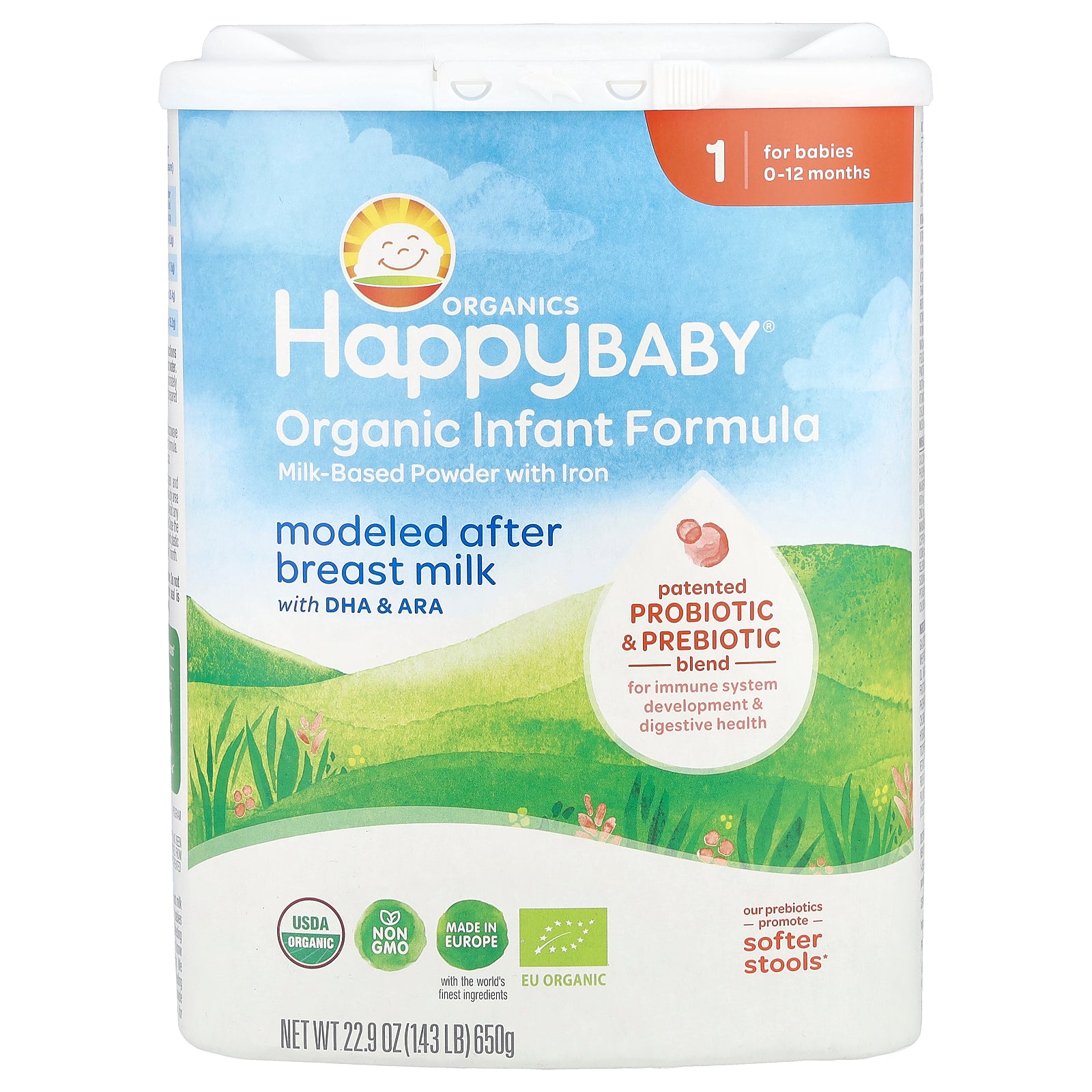 Happy Family Organics, Organic Infant Formula, Milk-Based Powder with Iron, 0-12 Months , 22.9 oz (650 g)