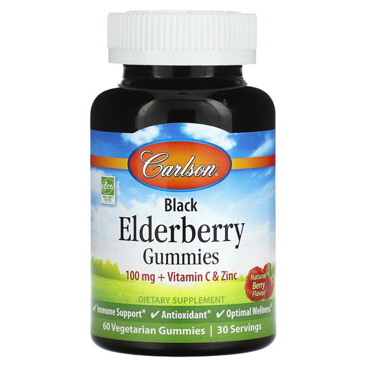 Carlson, Black Elderberry  Gummies, Natural Berry, 100 mg, 60 Vegetarian Gummies (50 mg per Gummy)