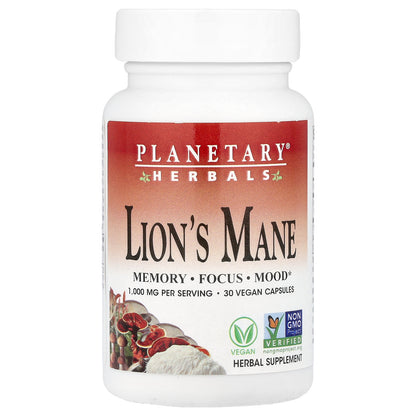 Planetary Herbals, Lion's Mane, 30 Vegan Capsules (500 mg per Capsule)