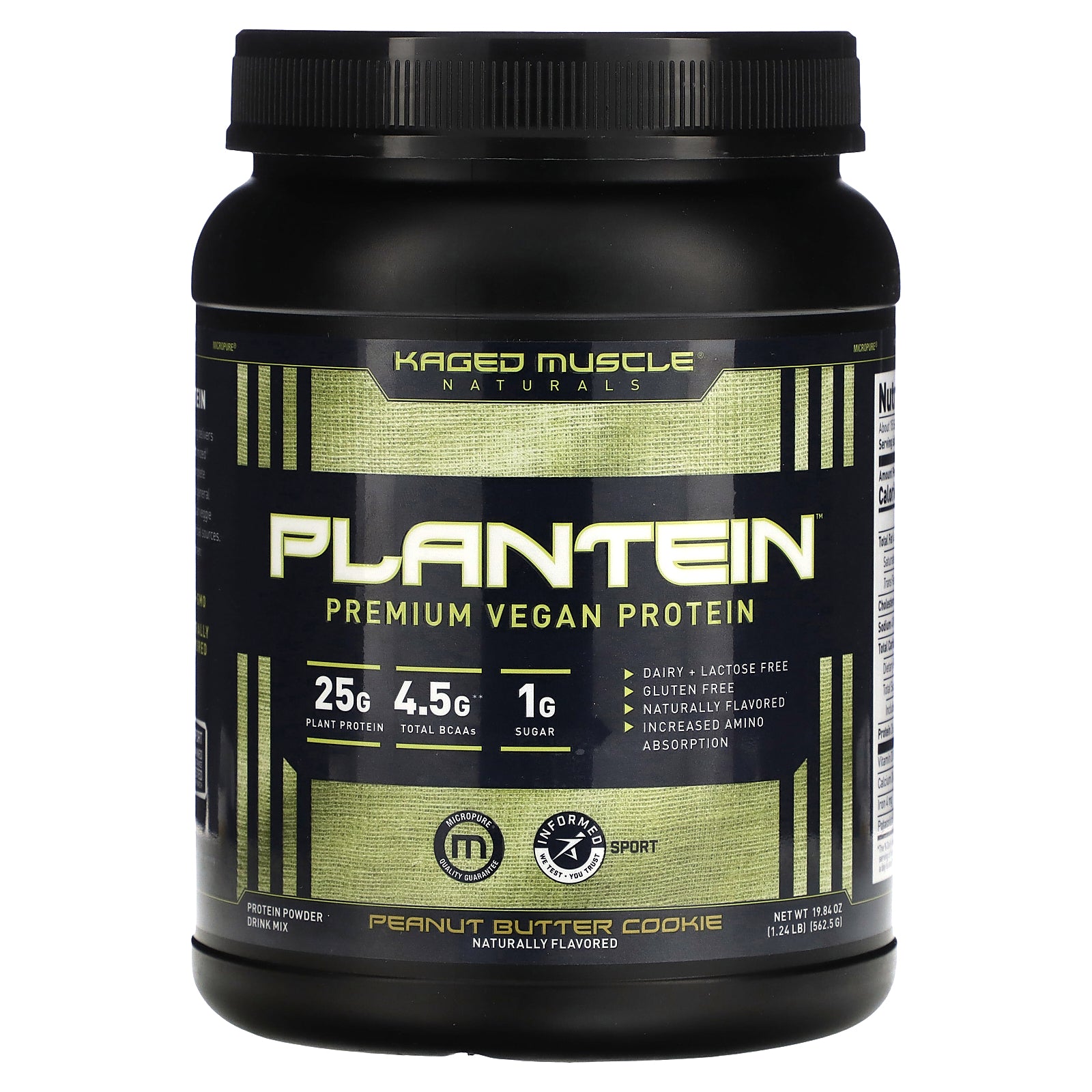 Kaged, Naturals, Plantein, Premium Vegan Protein Powder Drink Mix, Peanut Butter Cookie, 1.24 lb (562.5 g)