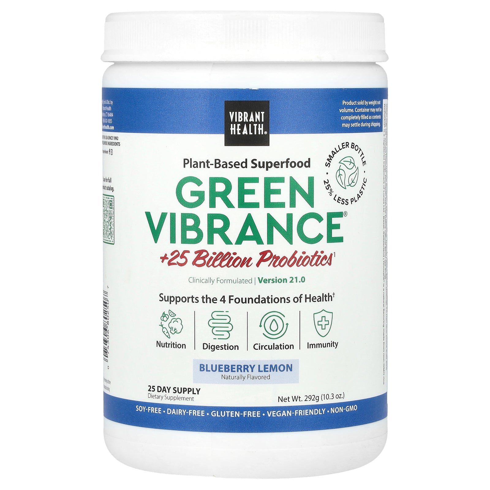 Vibrant Health, Green Vibrance® +25 Billion Probiotics, Version 21.0, Blueberry Lemon, 10.3 oz (292 g)
