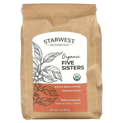 Starwest Botanicals, Organic Five Sister Coffee, Whole Bean, Medium Roast, 2 lbs (907 g)