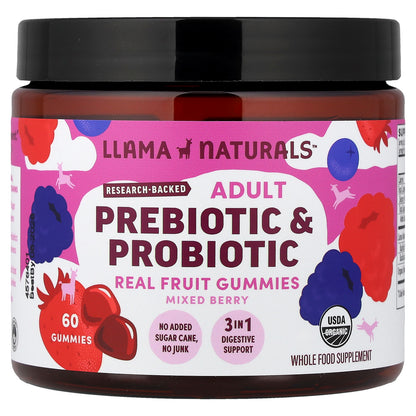 Llama Naturals, Adult Prebiotic & Probiotic, Real Fruit Gummies, Mixed Berry, 60 Gummies