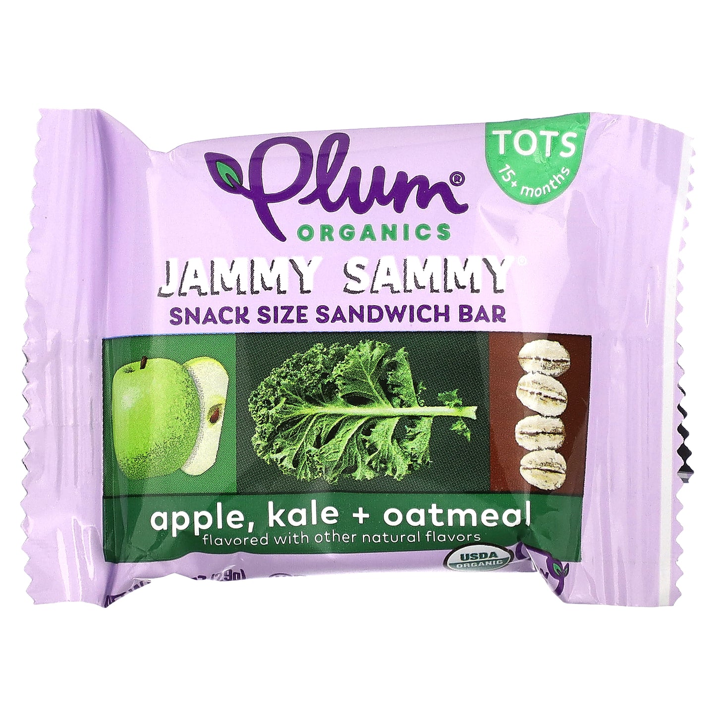 Plum Organics, Jammy Sammy, Snack Size Sandwich Bar, 15 Months and Up, Apple, Kale + Oatmeal, 5 Bars, 1.02 oz (29 g) Each