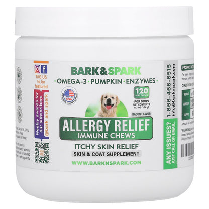 Bark&Spark, Allergy Relief Immune Chews, Itchy Skin Relief, For Dogs, Bacon Flavor, 120 Soft Chews, 9.3 oz (264 g)