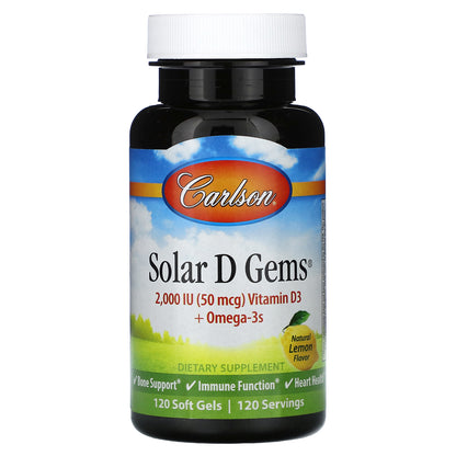 Carlson, Solar D Gems® , Vitamin D3 + Omega-3s, Natural Lemon, 120 Soft Gels