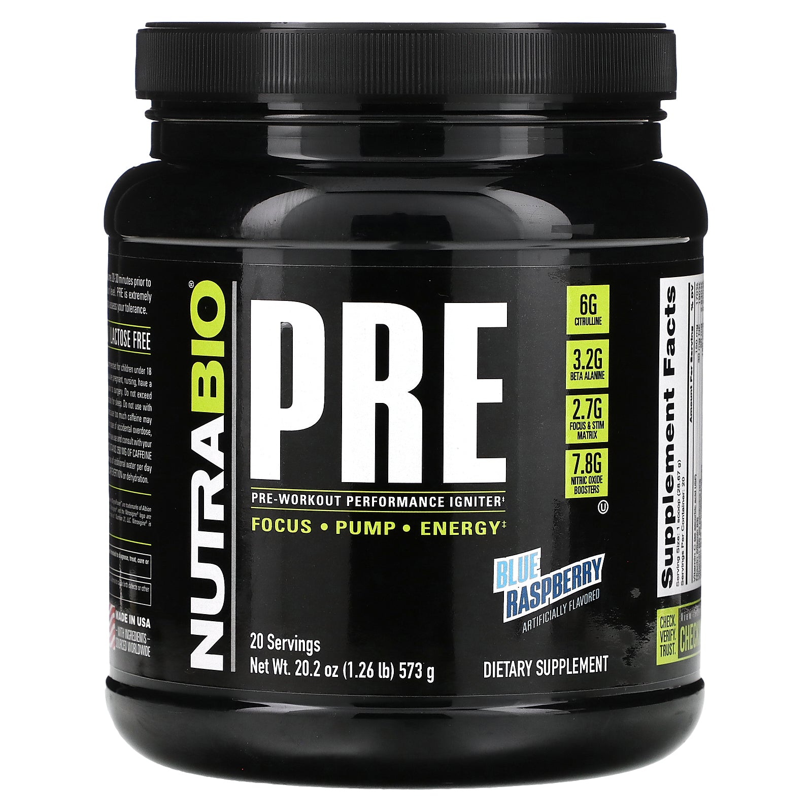 NutraBio, Pre-Workout Performance Igniter, Blue Raspberry, 1.26 lb (573 g)