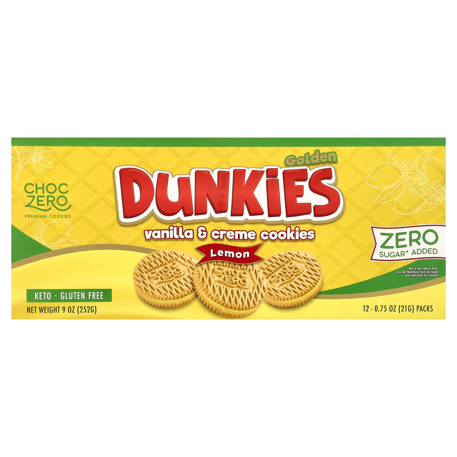 ChocZero, Premium Cookies, Golden Dunkies, Vanilla & Creme Cookies, Lemon, 12 Packs, 0.75 oz (21 g) Each