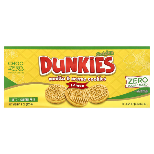 ChocZero, Premium Cookies, Golden Dunkies, Vanilla & Creme Cookies, Lemon, 12 Packs, 0.75 oz (21 g) Each