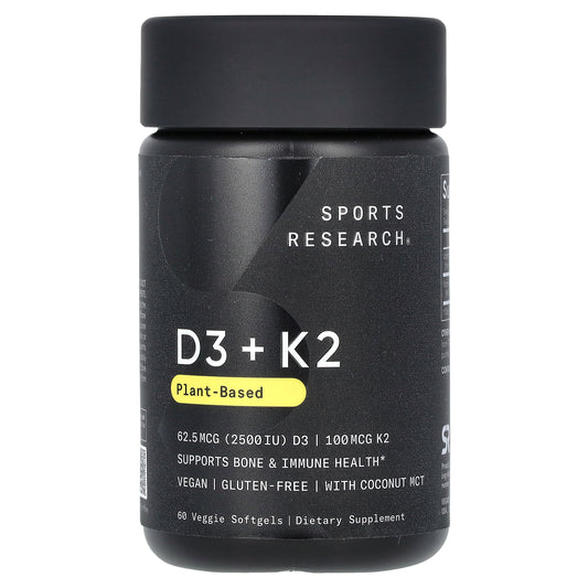 Sports Research, D3 + K2, Plant-Based, 62.5 mcg/100 mcg, 60 Veggie Softgels