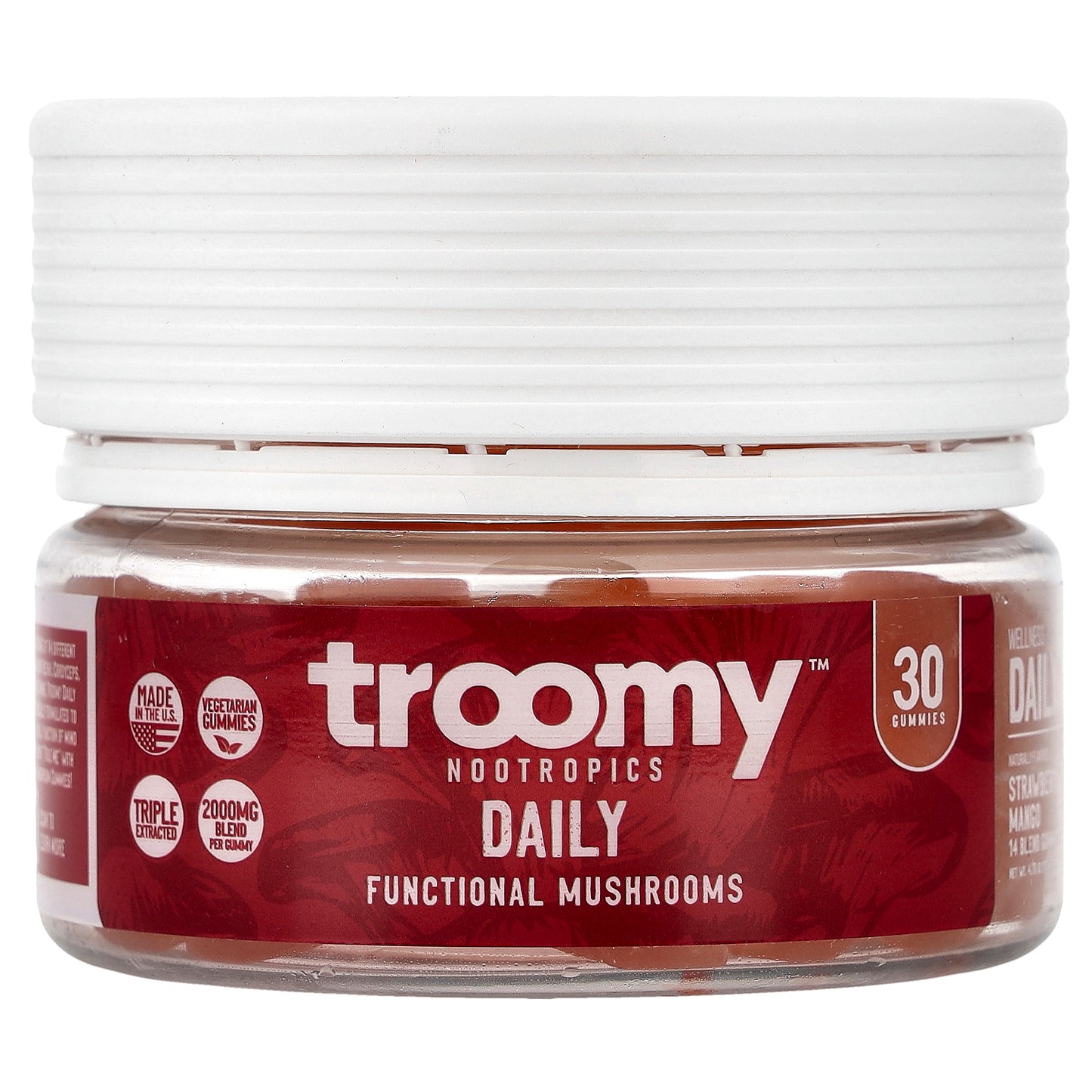 Troomy Nootropics, Daily, Functional Mushrooms Gummies, Strawberry Mango, 30 Gummies