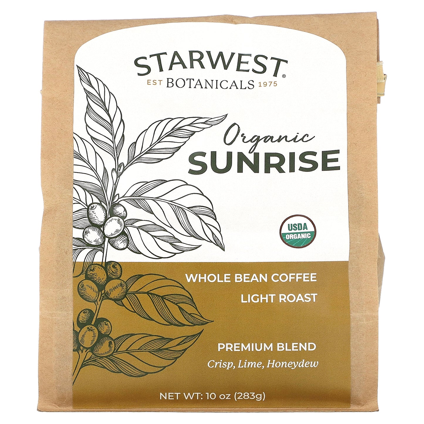 Starwest Botanicals, Organic Sunrise Coffee, Premium Blend, Whole Bean, Light Roast, 10 oz (283 g)