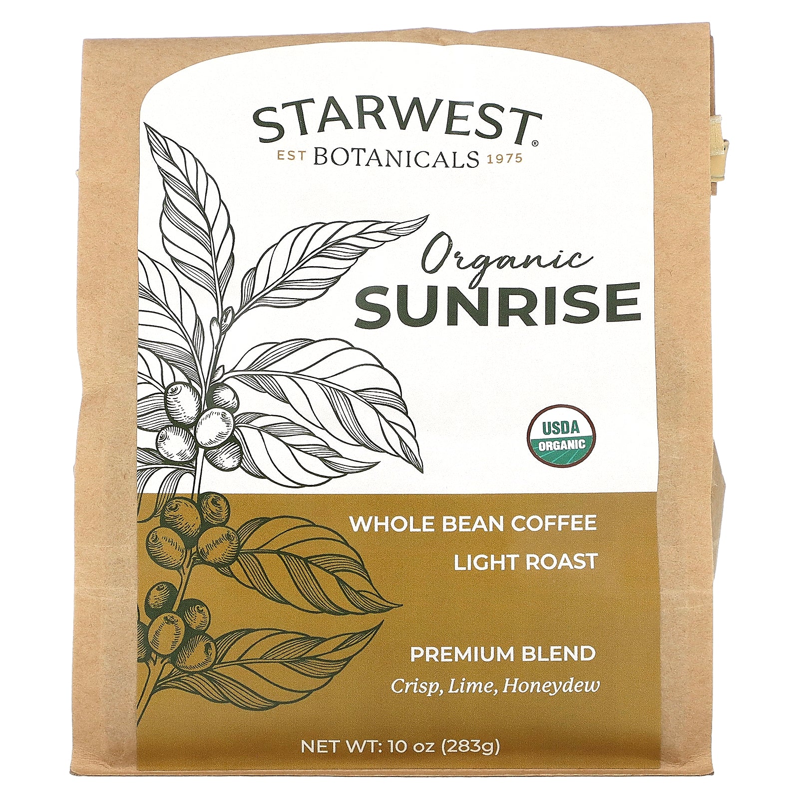 Starwest Botanicals, Organic Sunrise Coffee, Premium Blend, Whole Bean, Light Roast, 10 oz (283 g)