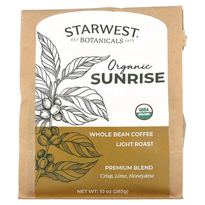 Starwest Botanicals, Organic Sunrise Coffee, Premium Blend, Whole Bean, Light Roast, 10 oz (283 g)