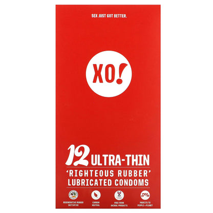 Here We Flo, XO! Ultra-Thin, Righteous Rubber Lubricated Condoms, Unscented, 12 Condoms