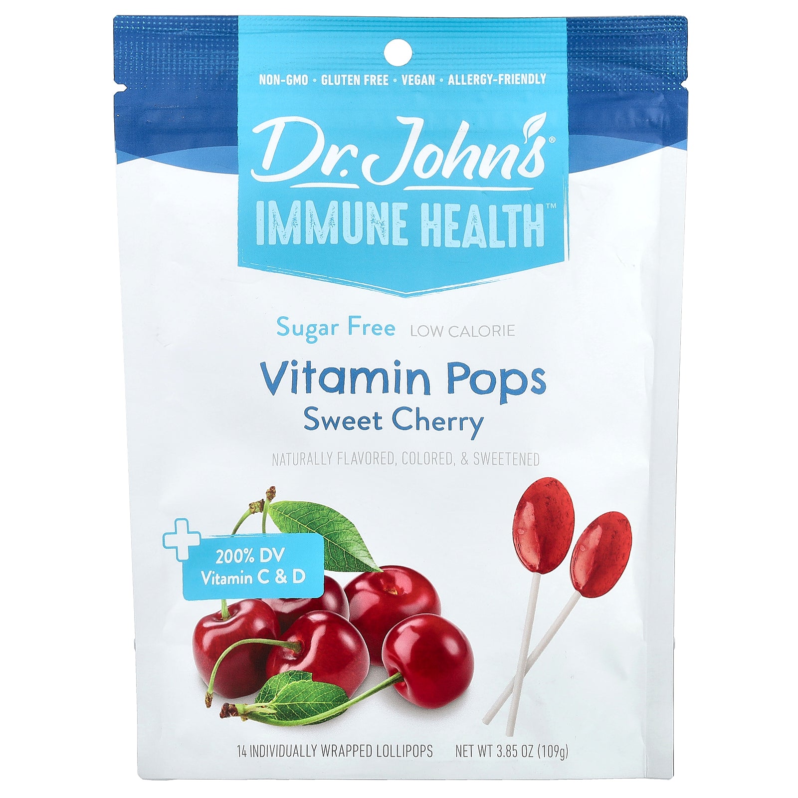 Dr. John's Healthy Sweets, Immune Health™, Vitamin Pops, Sweet Cherry, 14 Individually Wrapped Lollipops, 3.85 oz (109 g)