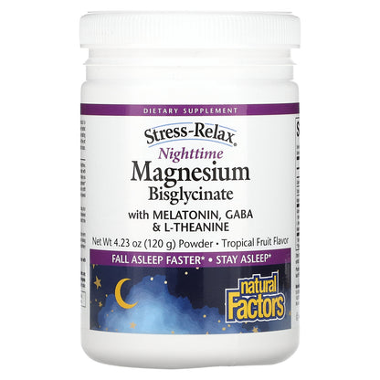 Natural Factors, Stress-Relax, Nighttime Magnesium Bisglycinate with Melatonin, Gaba & L-Theanine, Tropical Fruit, 4.23 oz (120 g)