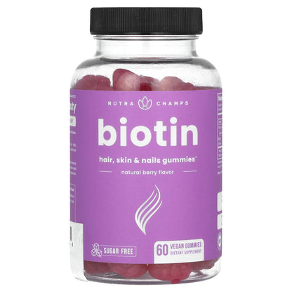 NutraChamps, Biotin, Hair, Skin & Nails Gummies, Sugar Free, Natural Berry, 60 Vegan Gummies (5,000 mcg per Gummy)