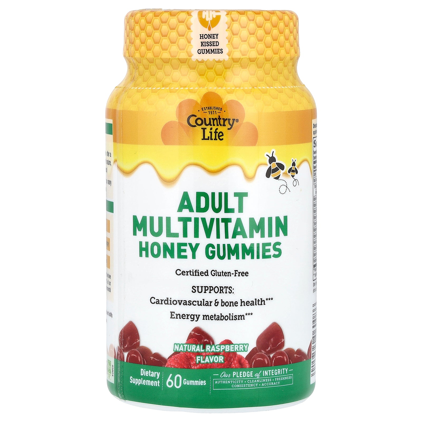 Country Life, Adult Multivitamin Honey Gummies, Natural Raspberry, 60 Gummies
