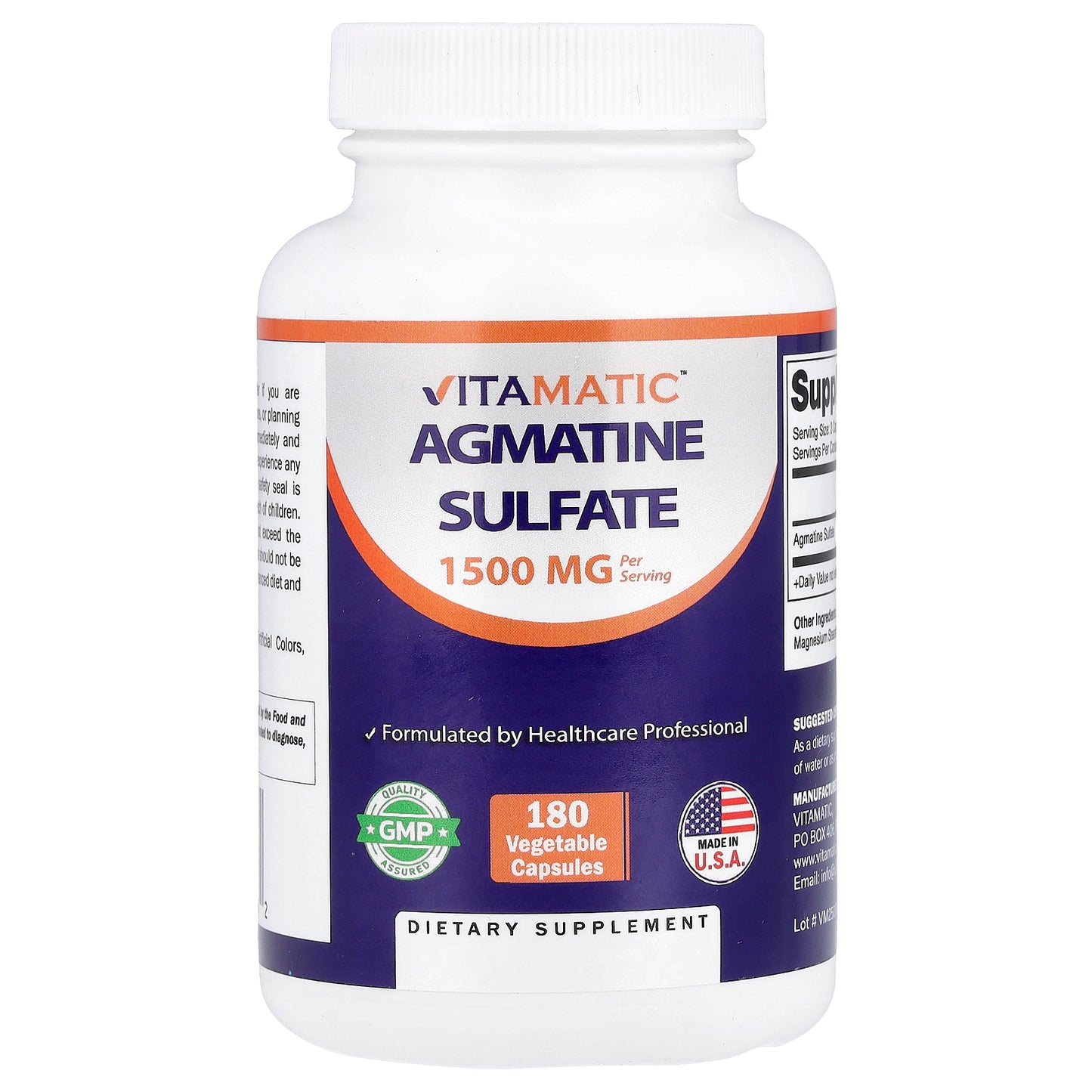 Vitamatic, Agmatine Sulfate, 180 Vegetable Capsules (500 mg per Capsule)
