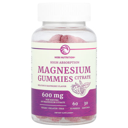 Nobi Nutrition, Magnesium Citrate Gummies, High Absorption, Raspberry, 600 mg, 60 Gummies (300 mg Per Gummy)