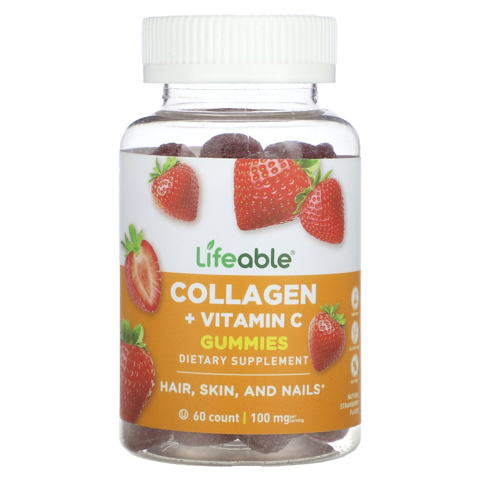 Lifeable, Collagen + Vitamin C Gummies, Natural Strawberry, 100 mg, 60 Gummies (50 mg per Gummy)