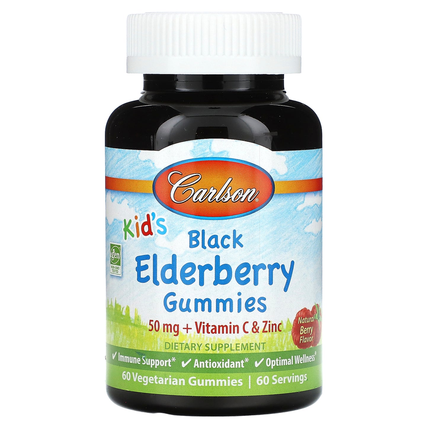 Carlson, Kid's Black Elderberry Gummies + Vitamin C & Zinc, Natural Berry, 60 Vegetarian Gummies