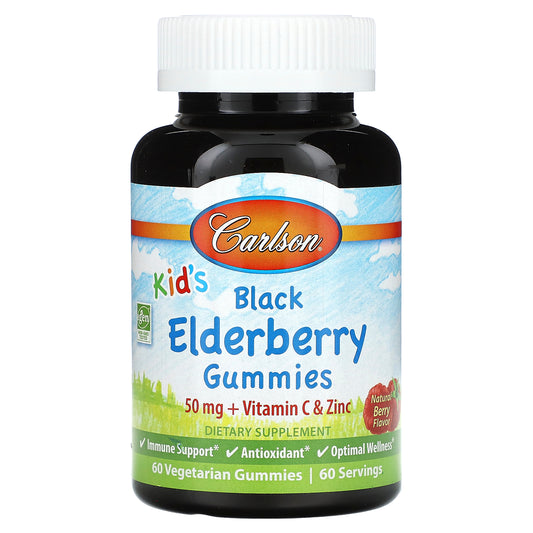 Carlson, Kid's Black Elderberry Gummies + Vitamin C & Zinc, Natural Berry, 60 Vegetarian Gummies