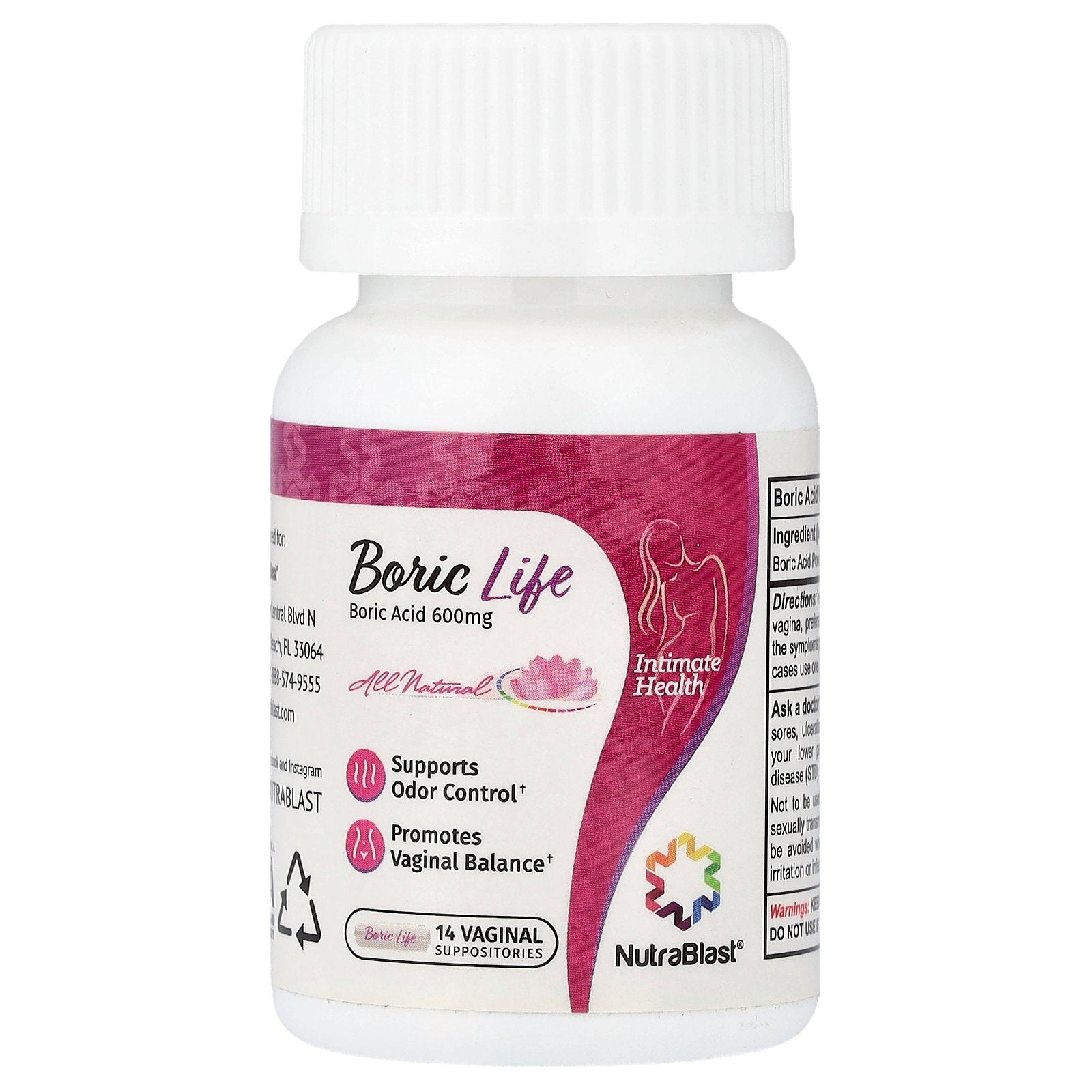 NutraBlast, Boric Life, Boric Acid, 600 mg, 14 Vaginal Suppositories