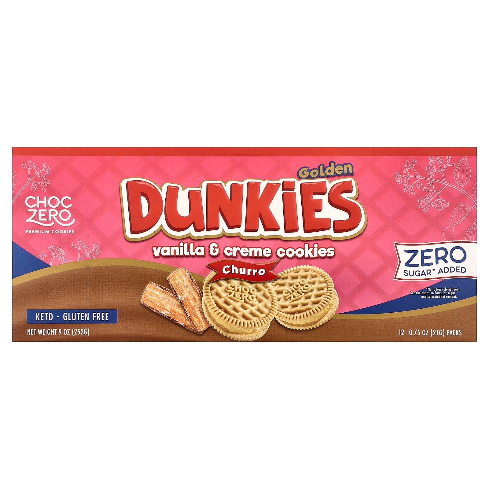 ChocZero, Premium Cookies, Golden Dunkies, Vanilla & Creme Cookies, Churro, 12 Packs, 0.75 oz (21 g) Each