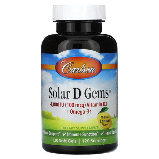 Carlson, Solar D Gems® , Vitamin D3 + Omega-3s, Natural Lemon, 120 Soft Gels