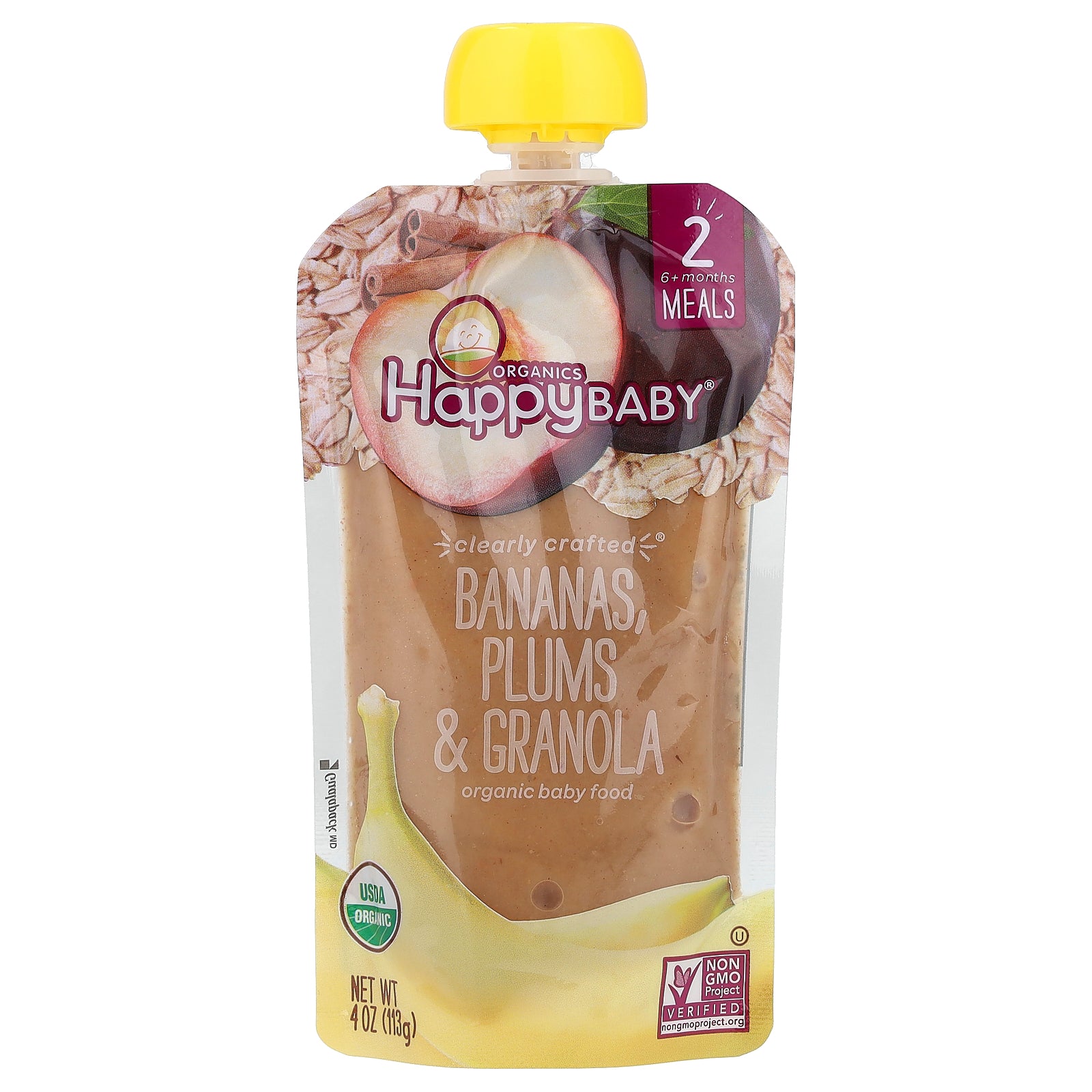 Happy Family Organics, Happy Baby®, Organic Baby Food, 6+ Months, Bananas, Plums & Granola, 4 oz (113 g)