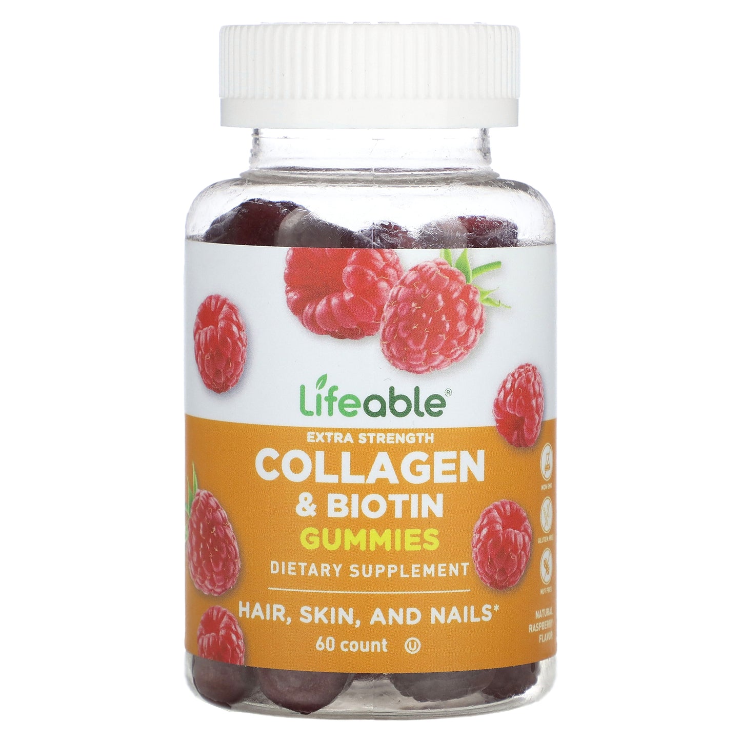 Lifeable, Extra Strength Collagen & Biotin Gummies, Natural Raspberry, 60 Gummies