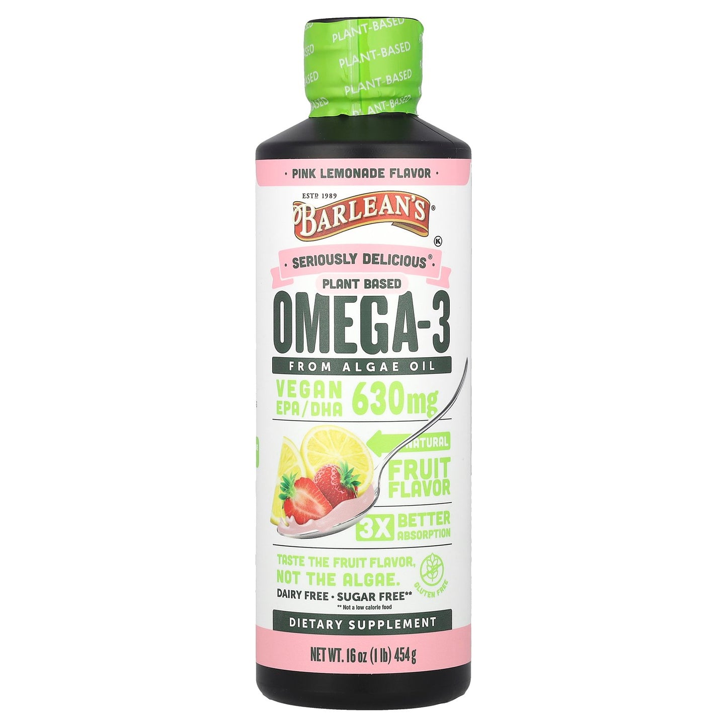 Barlean's, Seriously Delicious®, Plant Based Omega-3 From Algae Oil, Pink Lemonade, 630 mg, 16 oz (454 g)