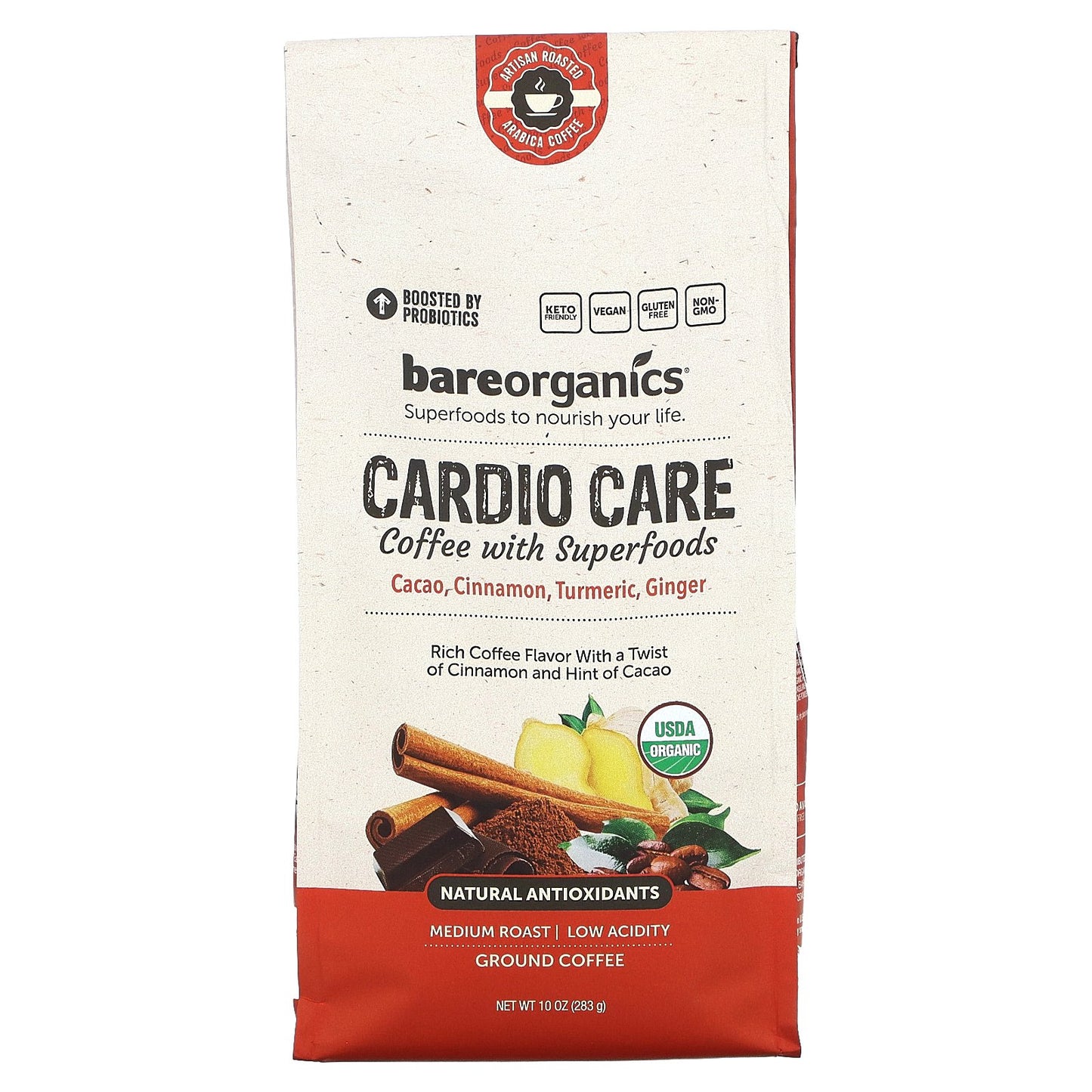 BareOrganics, Cardio Care, Coffee With Superfoods, Ground, Medium Roast, 10 oz (283 g)