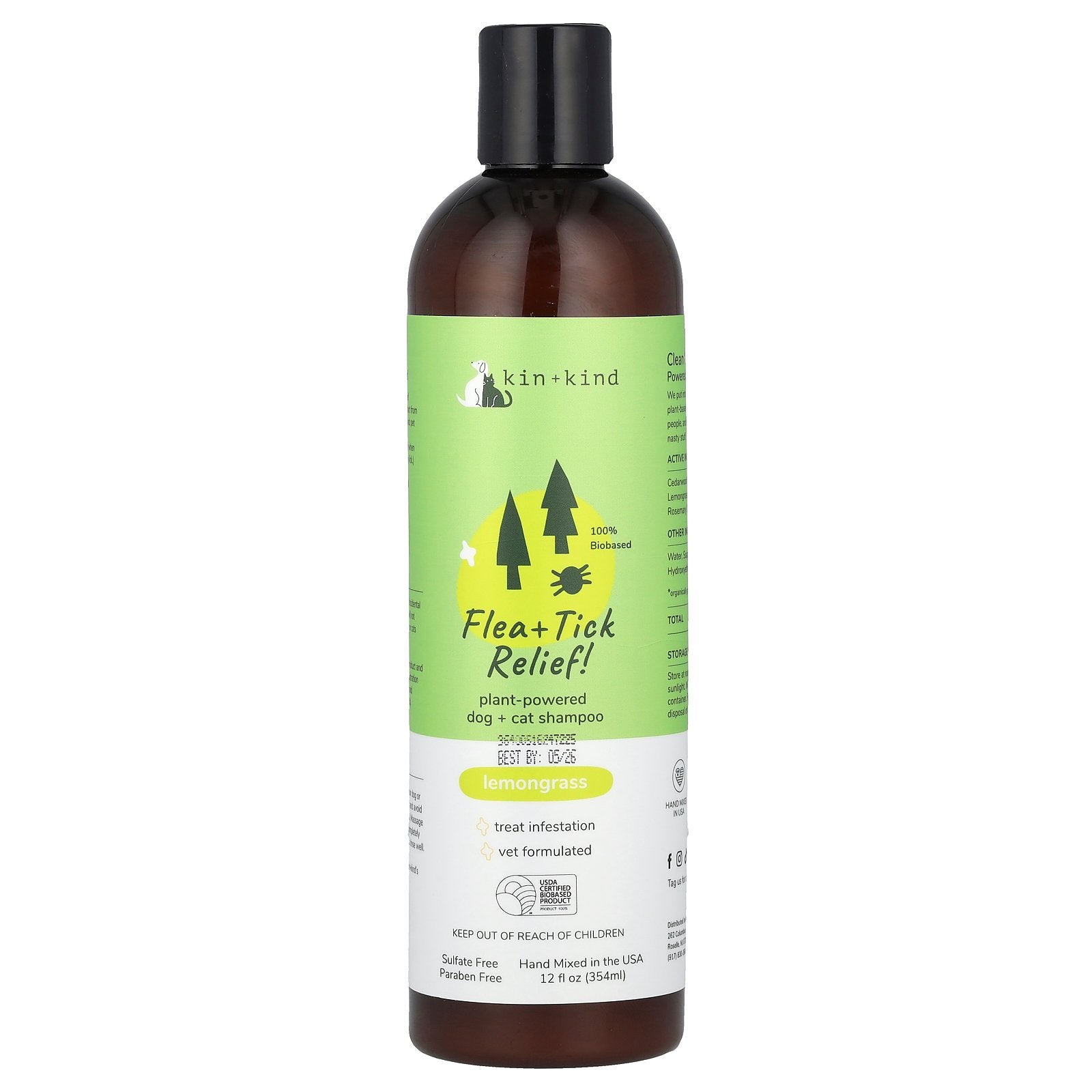 Kin+Kind, Flea + Tick Relief!, Plant-Powered Dog + Cat Shampoo, Lemongrass, 12 fl oz (354 ml)