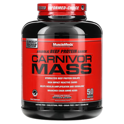 MuscleMeds, Carnivor Mass, Anabolic Beef Protein Gainer, Cookies & Cream, 5.8 lbs (2,632 g)