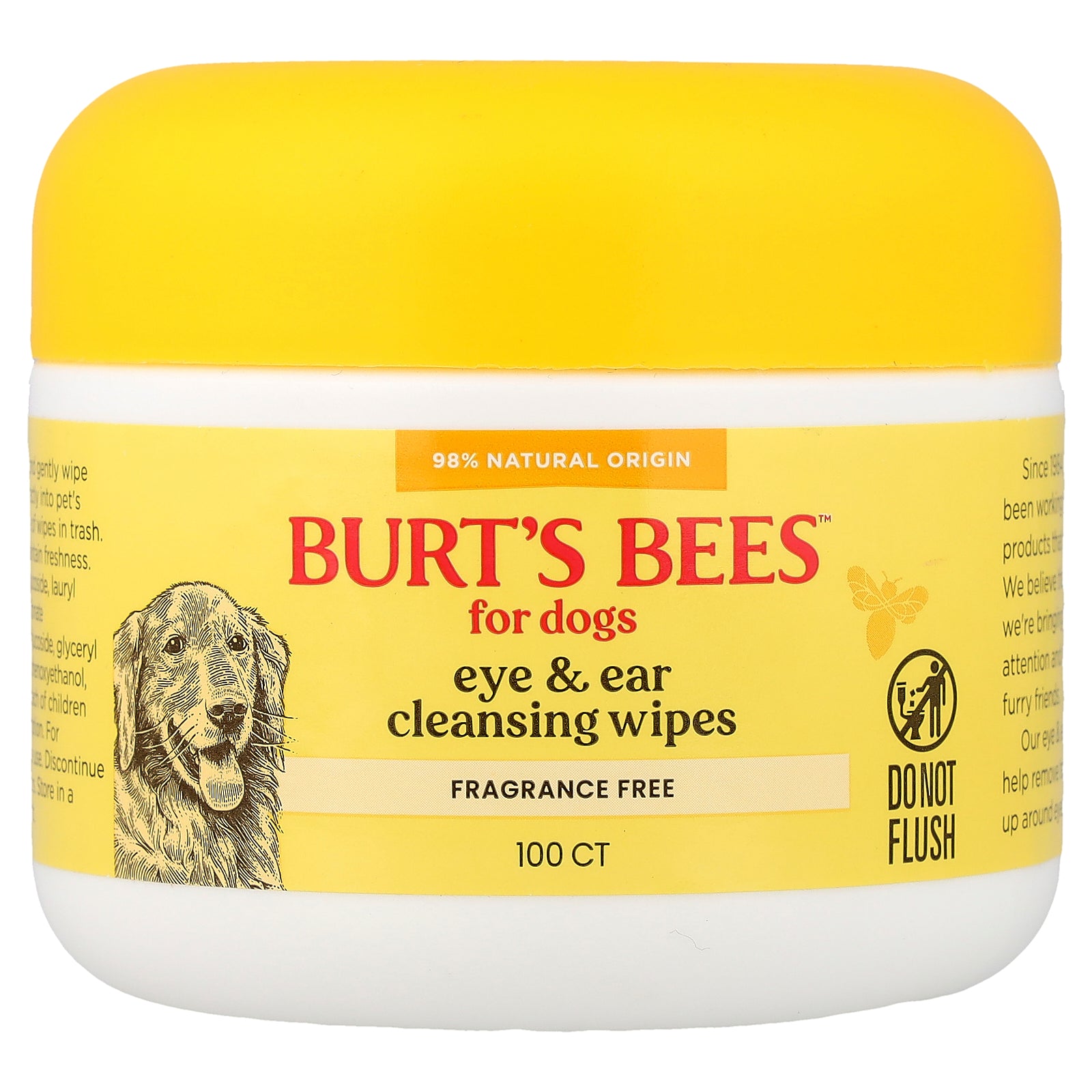 Burt's Bees, Eye and Ear Cleansing Wipes, For Dogs, Fragrance Free, 100 Count