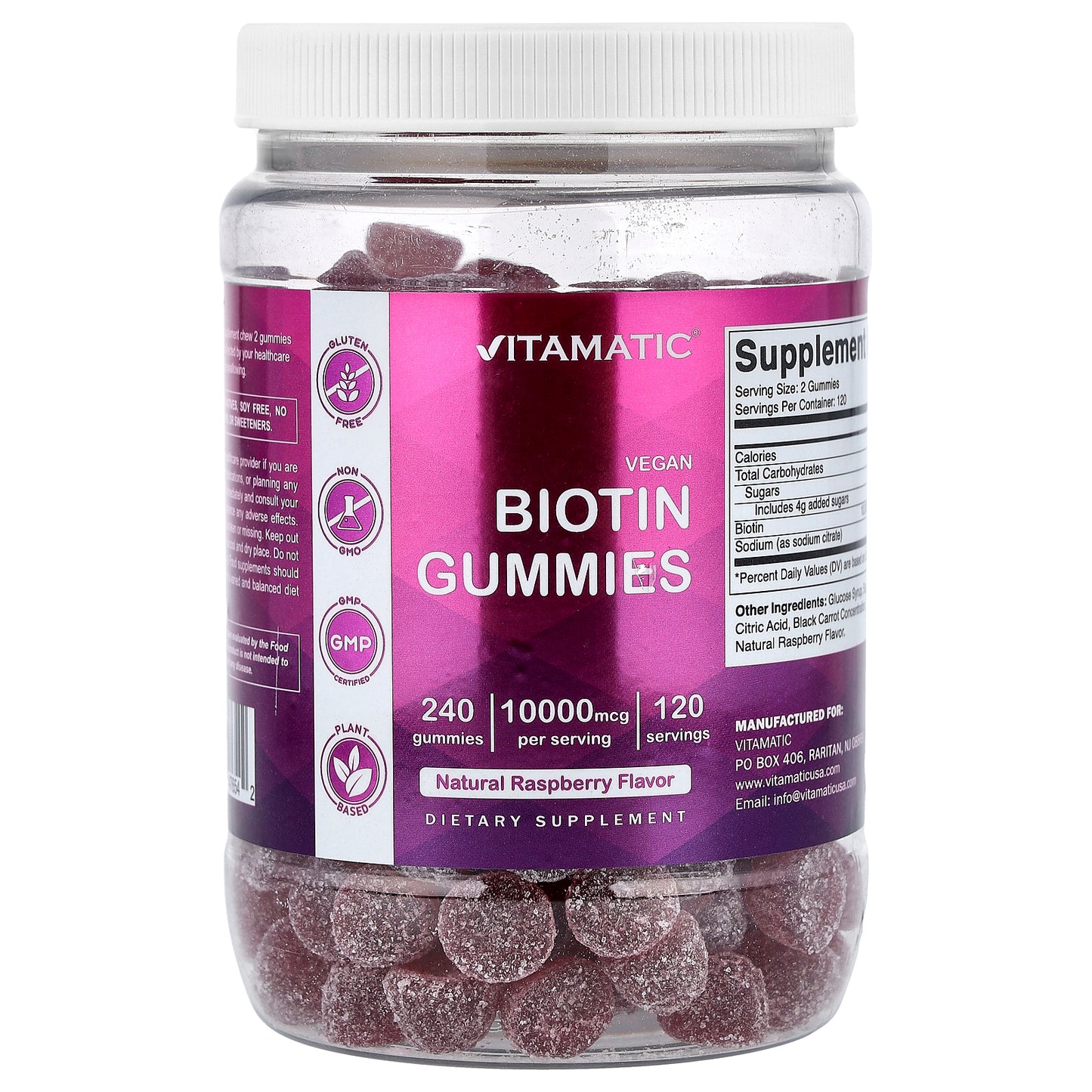 Vitamatic, Vegan Biotin Gummies, Natural Raspberry, 240 Gummies