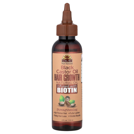 Okay Pure Naturals, Black Castor Oil, Hair Growth Natural Oil Infused with Biotin, 4 fl oz (118 ml)
