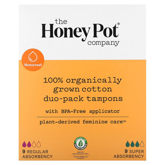 The Honey Pot Company, 100% Organically Grown Cotton Duo-Pack Tampons, Regular and Super Absorbency , 18 Count