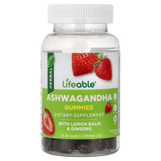 Lifeable, Ashwagandha Gummies with Lemon Balm & Ginseng, Strawberry, 60 Gummies