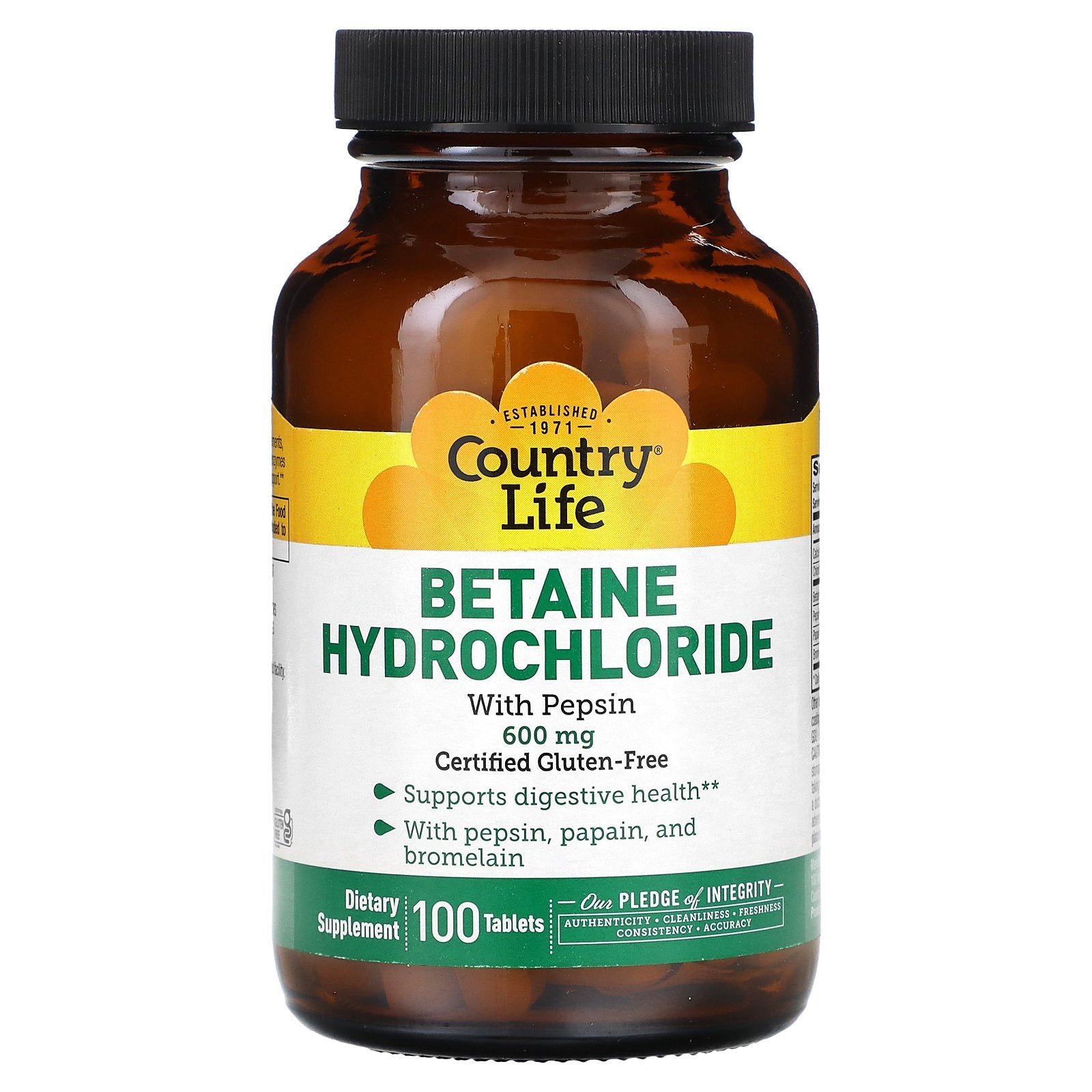 Country Life, Betaine Hydrochloride with Pepsin, 600 mg, 100 Tablets